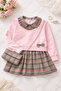 Bebe 2-Piece Set with Collar Detail, Bow, and Plaid Skirt - 2