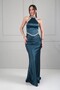 Women's Halter Neck Lined Long Satin Dress with Stone Detail - 2