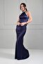 Women's Halter Neck Lined Long Satin Dress with Stone Detail - 2