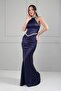 Women's Halter Neck Lined Long Satin Dress with Stone Detail