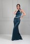 Women's Halter Neck Lined Long Satin Dress with Stone Detail