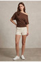 Women's Brown Off-Shoulder Boat Neck Side Gathered Short Sleeve Viscose Elastane Blouse - 2