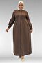66004 Large Size Pleated Detailed Linen Robe - Brown - 7