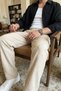 Lenie Patterned Linen Look Elastic Beige Men's Trousers - 2