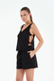 P25164 Deep Slit Ruffled Dress-Black - 2