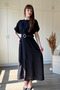 Belted, Draped Bust, Slit Midi Elegant Black Dress - 4