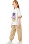 Girl's T-Shirt with Ruffle Detail on the Sleeves, Lettering and Picture Pattern, Parachute Fabric Pants, Beige Color, Two-Piece Set - 3