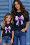 Mother Daughter Unisex Kids Combination Oversize T-Shirt Twin T-Shirt with Pink Ribbon Print (Single Price)