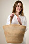 Women's Camel Straw Large Size Hand and Shoulder Bag |   Gold Detailed Beach and Casual Model - 3