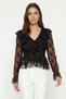 Black V-Neck Ruffled Lace Front Blouse 8490 - 3