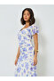 Blue Floral Sheath Midi Dress with Frill Sleeve - 4