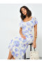 Blue Floral Sheath Midi Dress with Frill Sleeve - 2