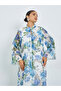 Blue Floral Print Stand Collar Jalabiya - 2