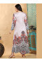 Pink V Neck Printed Jalabiya with Pearl Detail - 4