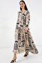 Women's Patterned Long Hijab Dress 2585 - K. Beige