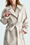 Beige Color Zippered Trench Coat Gabardine Fabric