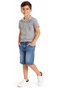Boy's Gray Color Polo Collar T-Shirt with Written Button Closure and Denim Shorts Set - 2
