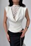 White Lace Detail Degaje Collar Zero Sleeve Blouse - 4