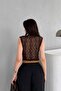 Brown Lace Detail Degaje Collar Zero Sleeve Blouse - 5