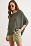 Women's Khaki Boat Neck Bat Mercerized Knitwear Blouse Blz-19003277 - 5