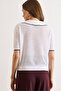 Women's White Stripe Detailed Polo Collar Openwork Knitwear Blouse Blz-19003227 - 6