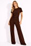 Brown Modal Fabric Short Sleeve Pleated Detailed Tracksuit Set