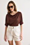 Women's Brown Degaje Collar Draped Blouse Blz-19003308 - 3