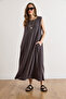 Women's Mink Pique Modal Oversize Soft Textured Maxi Dress with Pockets Elb-19002630 - 4
