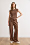 Women's Brown Blouse Pants Textured Suit Tkm-19000491 - 3
