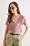 Women's Dusty Rose V-Neck Striped Basic Flowy T-Shirt Tsh-19000983 - 4