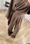 Brown Shawl Model Buckle Detailed Modal Pants Blouse Set - 7