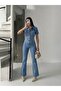 Short Sleeve Ice Cream Spanish Pleated Lycra Denim Jumpsuit - 5