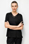 Women's V-Neck Collar Embroidered Combed Cotton T-Shirt Black - 3