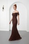 Women's Brown Boat Neck Beaded Long Evening Dress - 2
