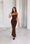 Brown Strapless Draped Shawl Detail Slit Sandy Fabric Dress