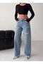 Women's Wide Leg Jeans with Slit Detail and Stone Belt - 4