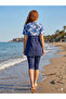 Women's Navy Blue Patterned Half Hijab Swimsuit - Below Knee Capri Leggings Swimsuit Set - 2