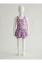 Pink Patterned Children's Swimsuit with Fır Fır Detail and Skirted Short Tights