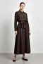 Women's Shirt Collar Buttoned Waist Tie Long Dress Brown 32454