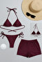 Women's 3-Piece Set: Burgundy Shorts and Side-Tie Bikini Swimsuit Set