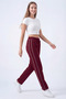 Women's Burgundy Combed Cotton Ribbed Pocket Zippered Straight Leg Sweatpants - 4