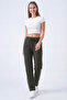 Women's Khaki Combed Cotton Ribbed Pocket Zippered Straight Leg Sweatpants - 2