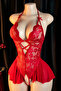 Women's Red Lace and Tulle Detailed Deep V-Neck Teddy Nightgown