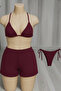 Women's 3-Piece Set: Burgundy Shorts and Side-Tie Bikini Swimsuit Set - 3
