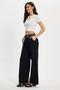 Women's Relax Fit Comfortable Cut 100% Cotton Elastic Waist Scarf Detailed Double Pockets Black Trousers - 4