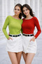 Women's Red-Pistachio Green 2 Pack Boat Neck Long Sleeve Blouse - 3