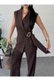 Women's Blazer Vest and Pantalon Set with a Wide Fabric Belt Tied at the Waist