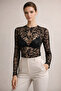 Women's Slim Fit Transparent Lace Patterned Tulle Blouse Black