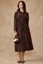 Drawstring Waist Button Closure Modal Dress Brown 9452-E - 3