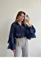 Navy Blue Transparent Ruffle Detailed Batwing Blouse - 5031 - 3